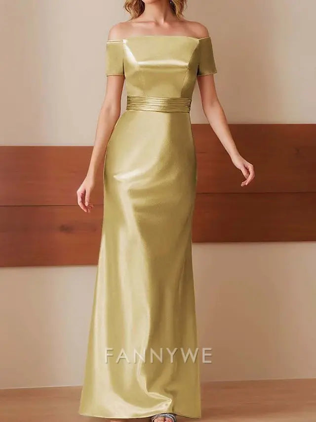 FannyWe Simple Sheath / Column Evening Gown Elegant Dress Formal Performance Floor Length Short Sleeve Off Shoulder Glossy Satin